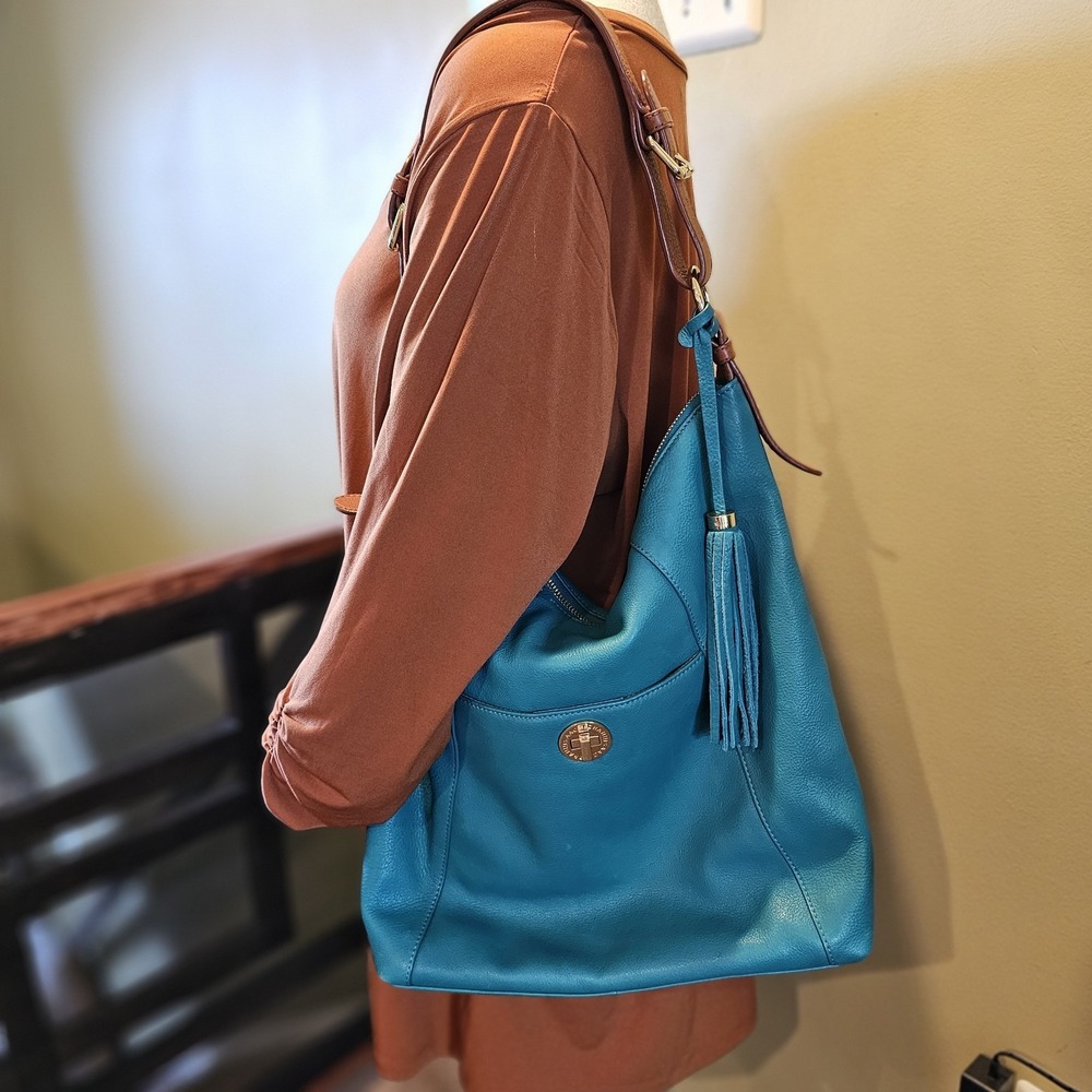 Isaac Mazrahi Bridgehampton Teal Leather Hobo Bag - Picture 3 of 12